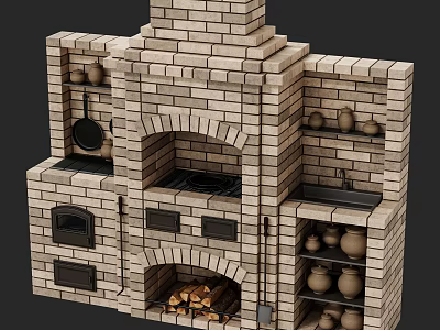 Traditional Brick Kitchen Cabinets With Storage Shelves Clay Pots And Hanging Pans 3d model