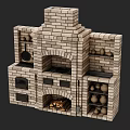 Traditional Brick Kitchen Cabinets With Storage Shelves Clay Pots And Hanging Pans