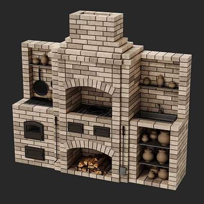Traditional Brick Kitchen Cabinets With Storage Shelves Clay Pots And Hanging Pans 3d model