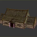 Cartoon Scenery Traditional Thatched Roof House With Wooden Frames And Multiple Roofs