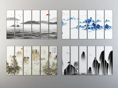 Traditional Chinese Ink Landscape Paintings Featuring Mountains Water Birds And Sunrise Panels 3d model