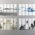 Traditional Chinese Ink Landscape Paintings Featuring Mountains Water Birds And Sunrise Panels