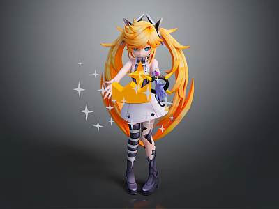 Anime Game Character With Orange Twin Tails Cat Ear Headband White Dress And Star Decorations 3d model