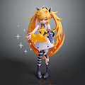 Anime Game Character With Orange Twin Tails Cat Ear Headband White Dress And Star Decorations