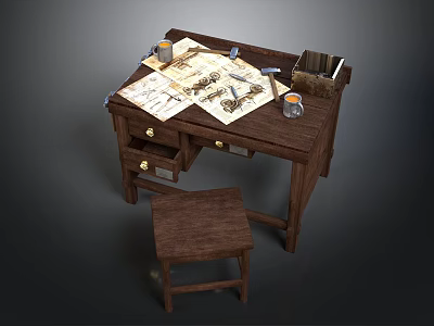 Vintage Wooden Dining Chair Beside Desk With Papers And Cups On Table 3d model