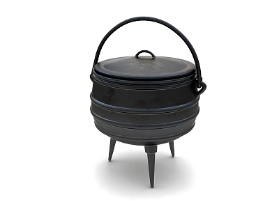 Traditional Black Cast Iron Cooking Pot With Lid Handle And Three Legs 3d model