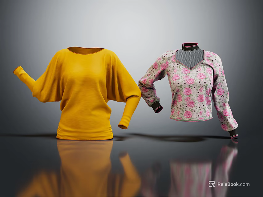 Stylish Yellow Loose Top And Floral Pattern Long Sleeve Blouse 3d model 