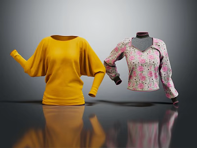 Stylish Yellow Loose Top And Floral Pattern Long Sleeve Blouse 3d model
