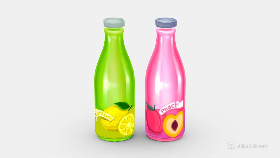 Fresh Fruit Juice Bottles Green Lemon and Pink Peach Flavored Drinks 3d model 