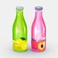 Fresh Fruit Juice Bottles Green Lemon and Pink Peach Flavored Drinks