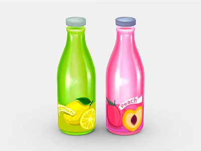 Fresh Fruit Juice Bottles Green Lemon and Pink Peach Flavored Drinks 3d model