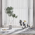 Grey Curtains With White Sheer Panels For Window And Green Plant Decor