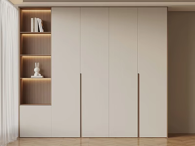 Modern Light Colored Wardrobe With Built In Bookshelf And LED Lighting On Wooden Floor 3d model