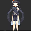Game Anime Character With Black Double Buns Green Eyes Black Qipao Dragon Design Striped Coat