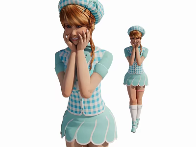 Woman In Blue And White Checkered Dress With Matching Hat And Braided Hair 3d model