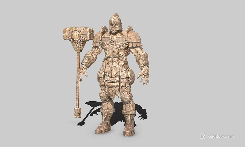 Game Movie Character Armored Warrior With Stone Texture Armor And Hammer 3d model 