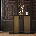 Elegant Entryway Console Table With Black Top Golden Sculpture And Dark Patterned Wall 3d model