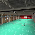 Spacious Indoor Badminton Court With Green Flooring Multiple Nets For Sports Fitness 3d model