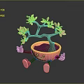 Cute Cartoon Potted Plant With Smiling Face Arms Legs And Pink Flowers