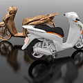 White Orange And Golden Scooter Models Display With Reflective Black Background