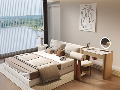 Double Bed in Modern Bedroom with Lake View Forest Neutral Bedding and Dressing Table 3d model