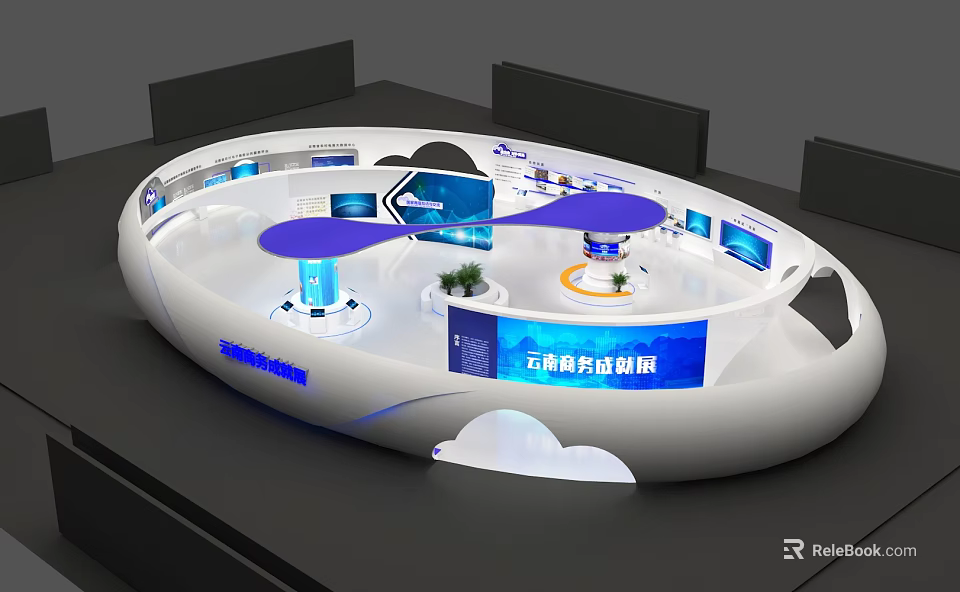 Cloud Business South Data Exhibition Booth With Circular Design And Blue Tech Displays 3d model 