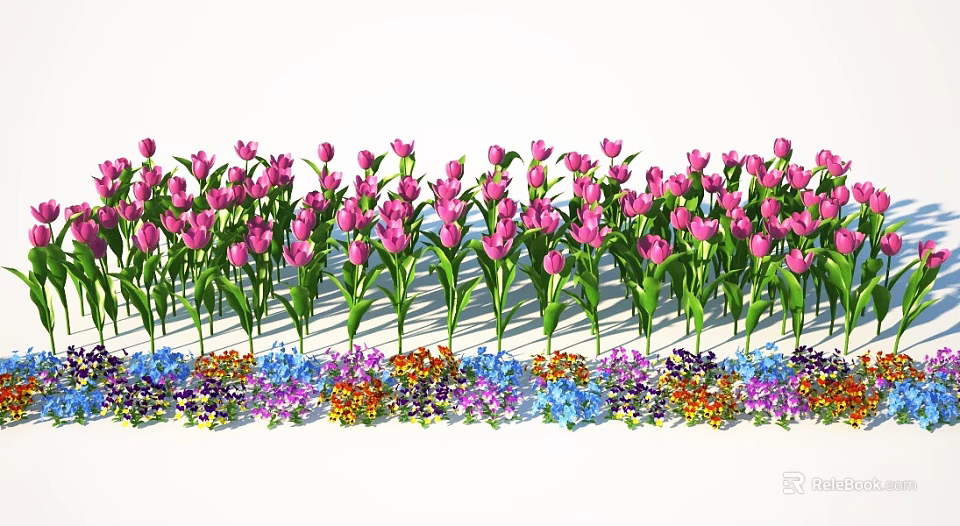 Beautiful Pink Tulips and Colorful Small Flowers Arranged in Garden Landscape 3d model 