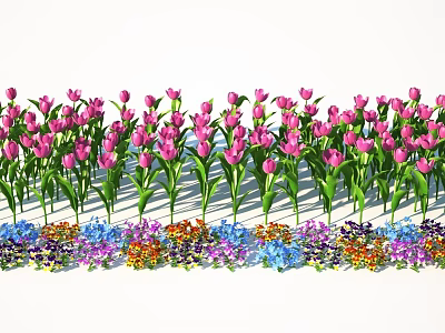 Beautiful Pink Tulips and Colorful Small Flowers Arranged in Garden Landscape 3d model