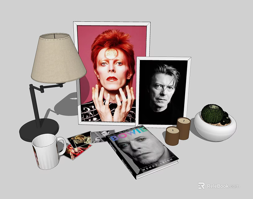 Decorative Ornament Set with Table Lamp Framed Portraits Books Mug Candles and Small Succulent 3d model 