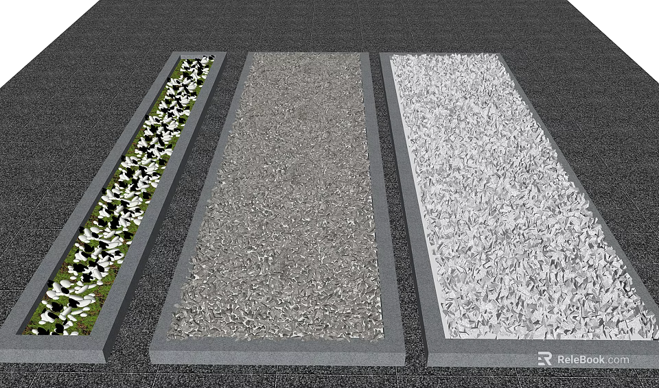 Natural Stone and Wood Materials Showcased in Three Rectangular Display Sections 3d model 