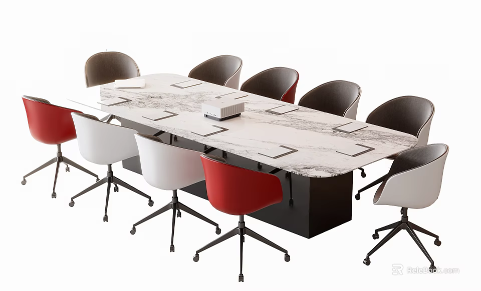 Modern Conference Table With Marble Top And Multiple Colorful Swivel Chairs 3d model 