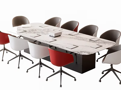 Modern Conference Table With Marble Top And Multiple Colorful Swivel Chairs 3d model
