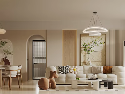 Warm Modern Living And Dining Room With Arched Door Wooden Decor White Sofa Green Plants 3d model