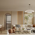 Warm Modern Living And Dining Room With Arched Door Wooden Decor White Sofa Green Plants