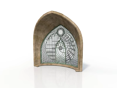 Arched Stone Building Window With Intricate Metal Grid And Circular Design 3d model