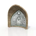 Arched Stone Building Window With Intricate Metal Grid And Circular Design