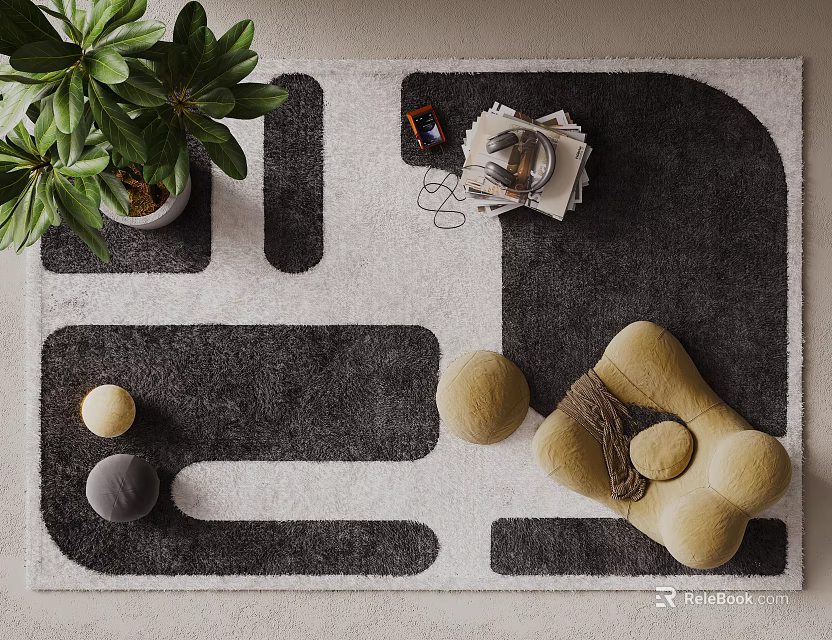 Square Rug with Black and White Geometric Pattern Green Plant Silver Teapot Book Yellow Decorations 3d model 