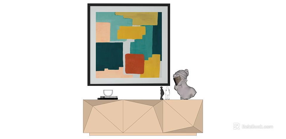 Modern Interior With Geometric Painting Geometric Cabinet Gray Sculpture Coffee Cup And Decorative Items 3d model 