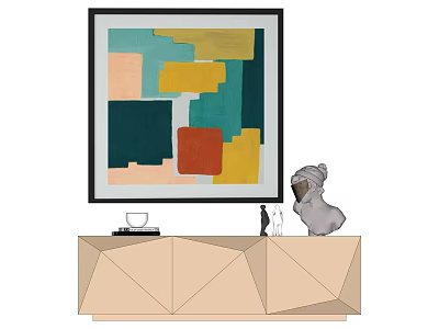 Modern Interior With Geometric Painting Geometric Cabinet Gray Sculpture Coffee Cup And Decorative Items 3d model
