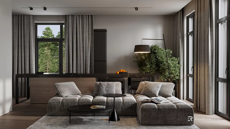 Modern Living Room Interior With Gray Sofa Large Window Floor Lamp And Green Plant 3d model 