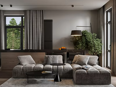 Modern Living Room Interior With Gray Sofa Large Window Floor Lamp And Green Plant 3d model