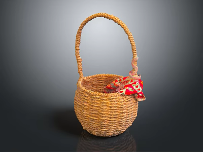 Wicker Basket with Handle for Daily Living Supplies and Red Decorative Ornament 3d model