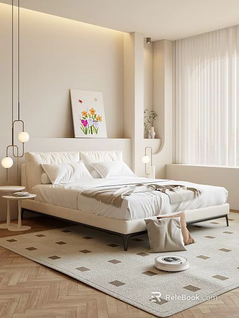 Modern Bedroom Interior Design With White Bed Floral Painting Pendant Lights And White Curtains 3d model 