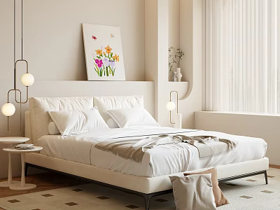 Modern Bedroom Interior Design With White Bed Floral Painting Pendant Lights And White Curtains 3d model