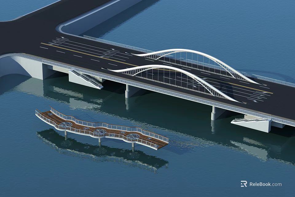 Architectural Modern Arch Bridge With Roadway And Pedestrian Walkway Over Water 3d model 