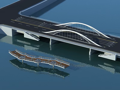 Architectural Modern Arch Bridge With Roadway And Pedestrian Walkway Over Water 3d model