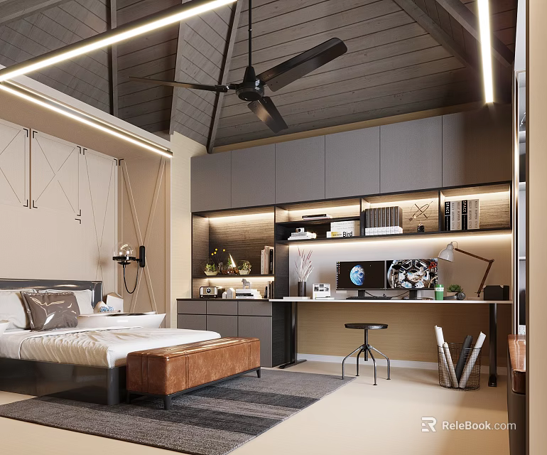 Modern Bedroom Interior Design With Bed Ceiling Fan Wardrobe Desk And Ambient Lighting 3d model 
