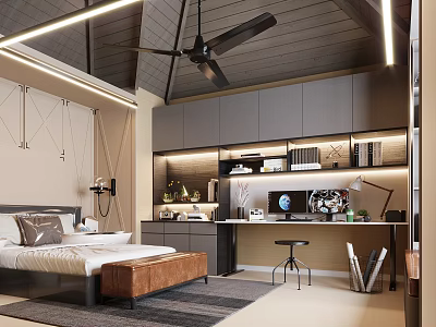 Modern Bedroom Interior Design With Bed Ceiling Fan Wardrobe Desk And Ambient Lighting 3d model