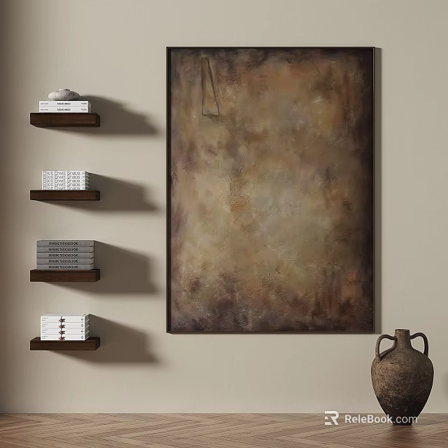Modern Abstract Painting In Warm Earth Tones On Neutral Wall With Wooden Shelves And Ceramic Vase 3d model 