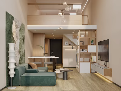 Modern Loft Apartment Interior With Open Layout And Green Accents 3d model